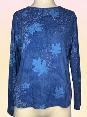 Vintage Y2K Blue Fairycore Long Sleeve Rhinestone Floral Print Tee